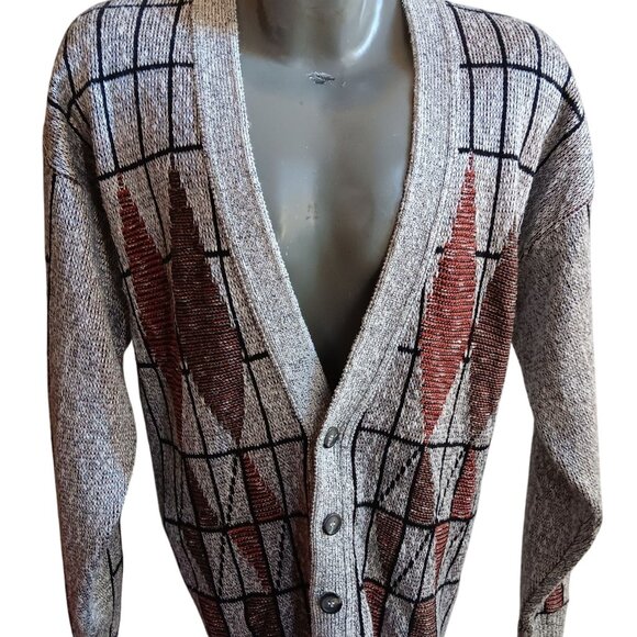Vintage Men's Cardigan Sweater Large 1990's Ugly Geometric Silver Rayon/Cotton - Picture 1 of 9
